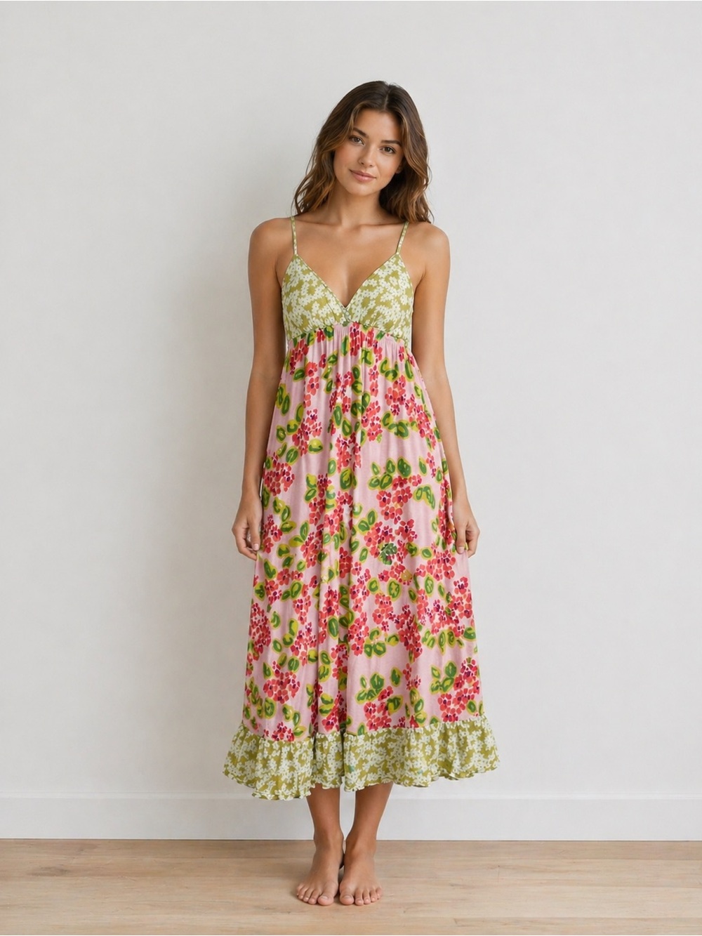 Y2K Derek Heart Floral Slip Midi Dress Pink Green Cottagecore Fairycore Size XS